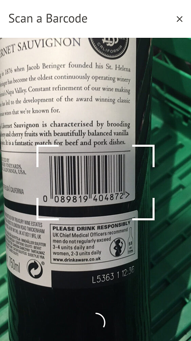 The barcode scanner in active use, with the camera viewfinder open and ready to read a product barcode